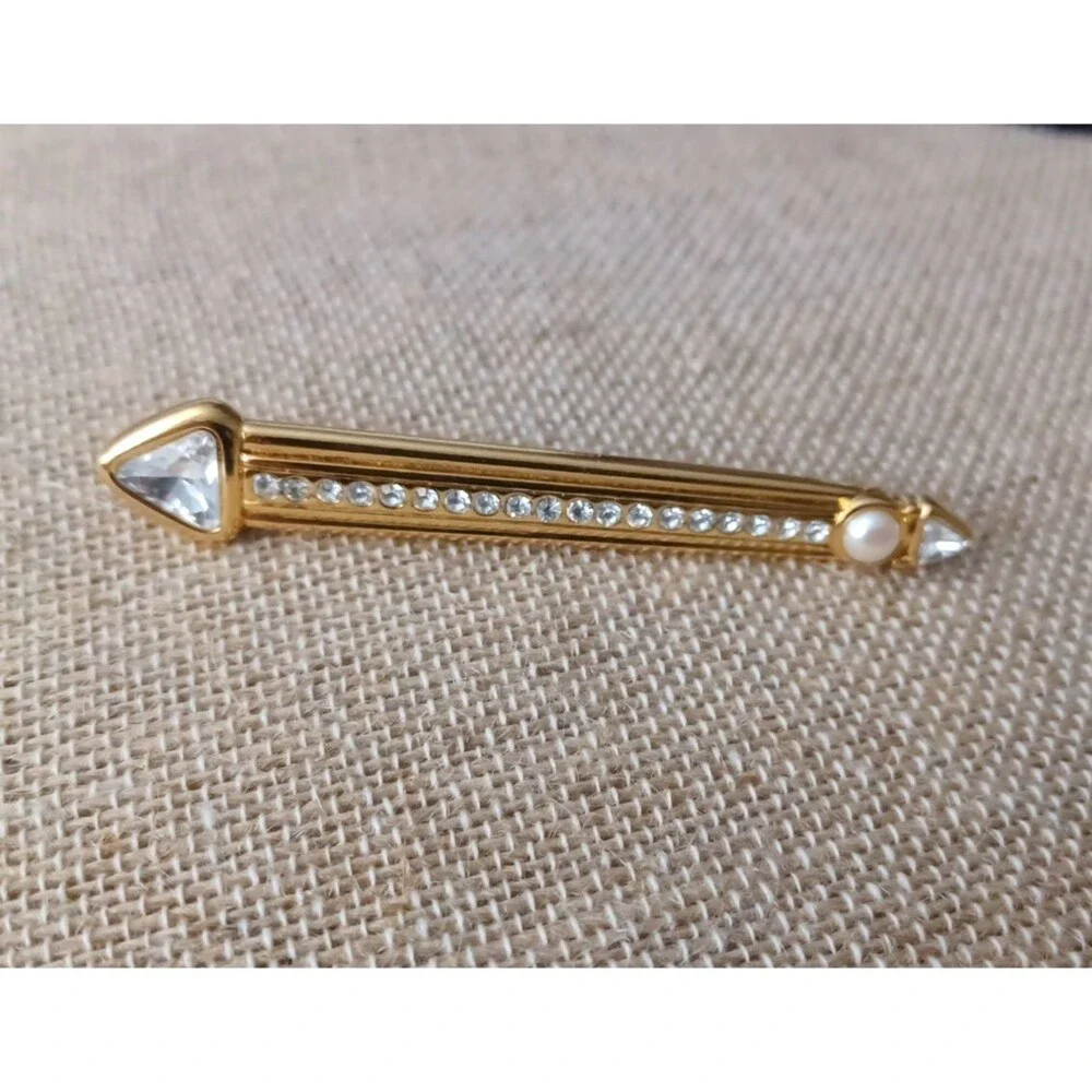 MONET Crystal Pearl Rhinestone Arrow Lapel Bar Pin Brooch